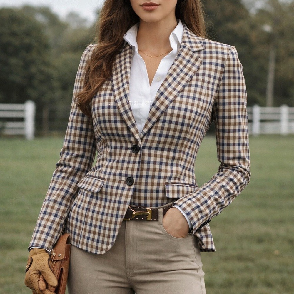 Aquascutum London Gingham Plaid Blazer Jacket Cotton Stretch‎ USA 8 IT44
